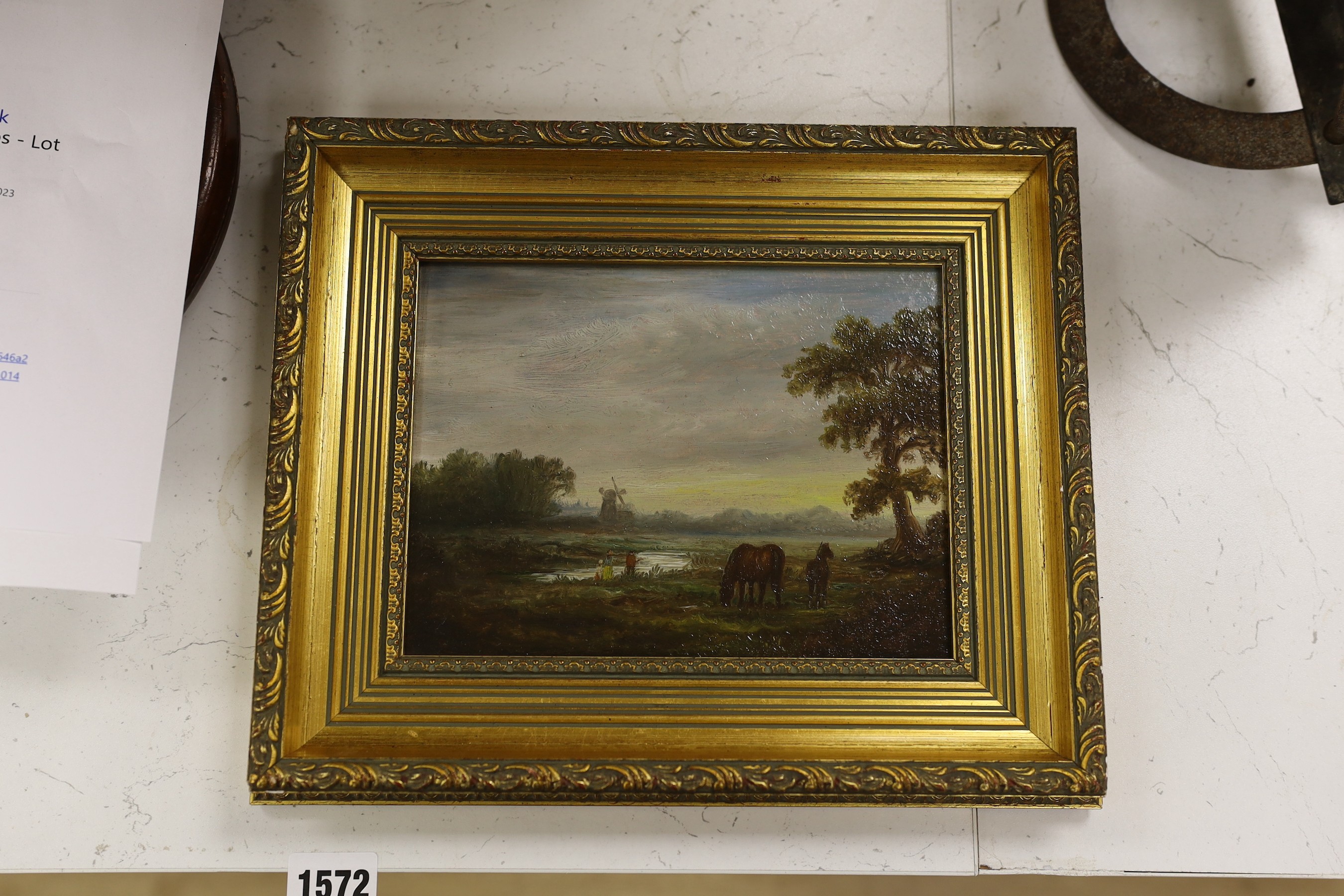 English School, oil on board, Windmill and horses in a landscape, 14 x 19cm